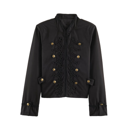 Women's Cropped Jacket in Sailor-Military Mix with Decorative Cords and Brass Buttons EVA-US