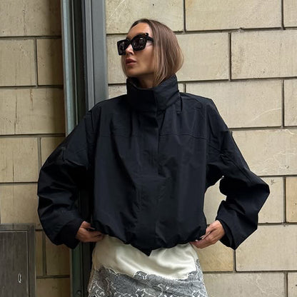 Women’s Cropped Wind Jacket with high-closing stand collar and boxy silhouette EVA-US