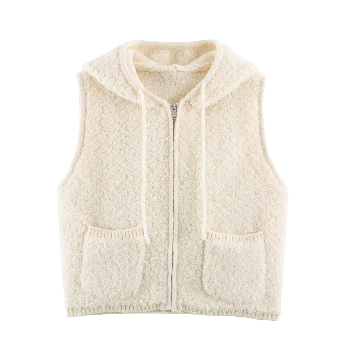 Women's Teddy Fleece Vest with Hood, Zipper and Patch Pockets EVA-US