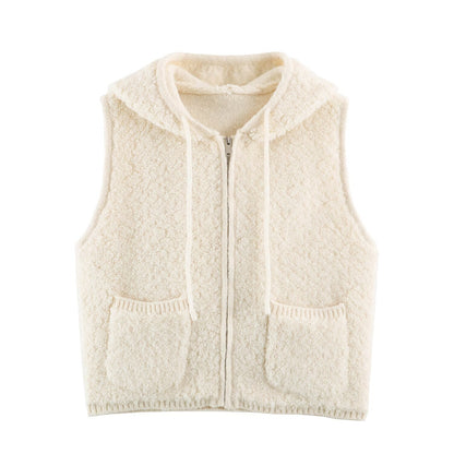 Women's Teddy Fleece Vest with Hood, Zipper and Patch Pockets EVA-US