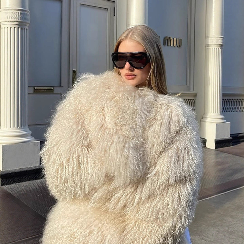 Women Extravagant Oversize Faux Fur Coat with Long Pile Curl Structure EVA-US