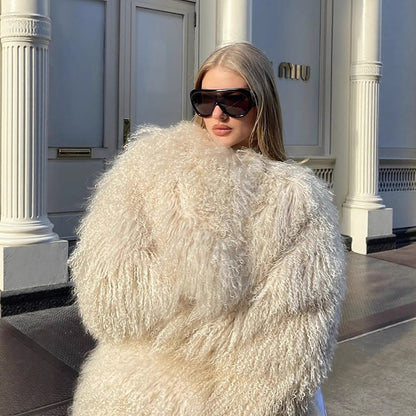 Women Extravagant Oversize Faux Fur Coat with Long Pile Curl Structure EVA-US