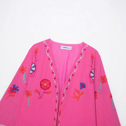 Women's Oversize Light Cotton Cardigan with Colorful Floral Embroidery EVA-US