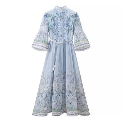 Women's maxi dress with stand-up collar, bell sleeves, floral print and tie belt EVA-US