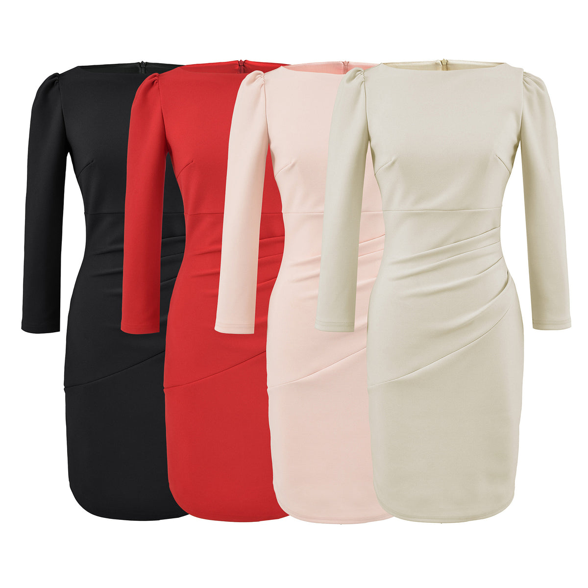 Women Figure-hugging Midi Dress with Gathered Wrap Look and Long Sleeves EVA-US