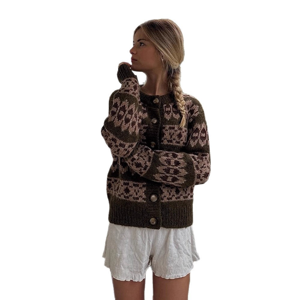 Women's Norwegian pattern cardigan with button placket and ribbed hem EVA-US