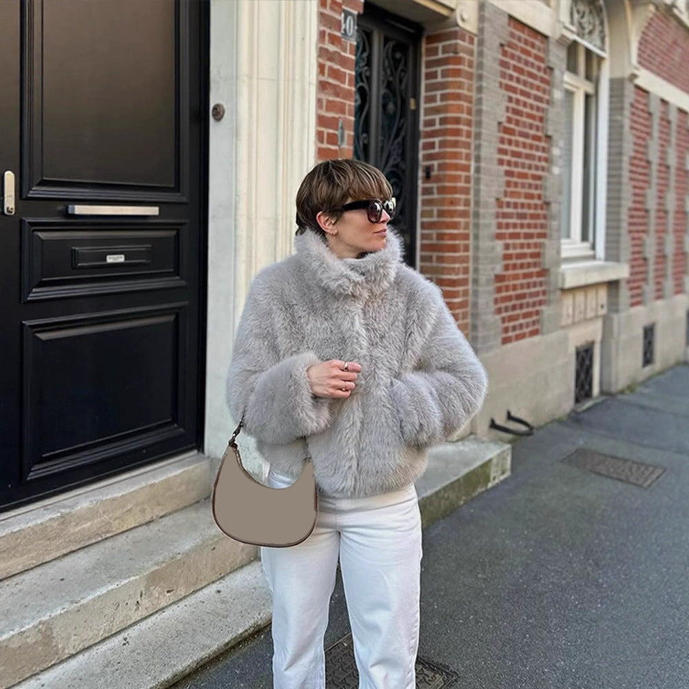 Women Short Boxy Jacket made of high-pile faux fur with high shawl collar EVA-US