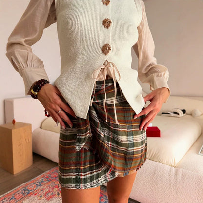 Women's Checked Wrap Mini Skirt with Fringe and High Waist EVA-US