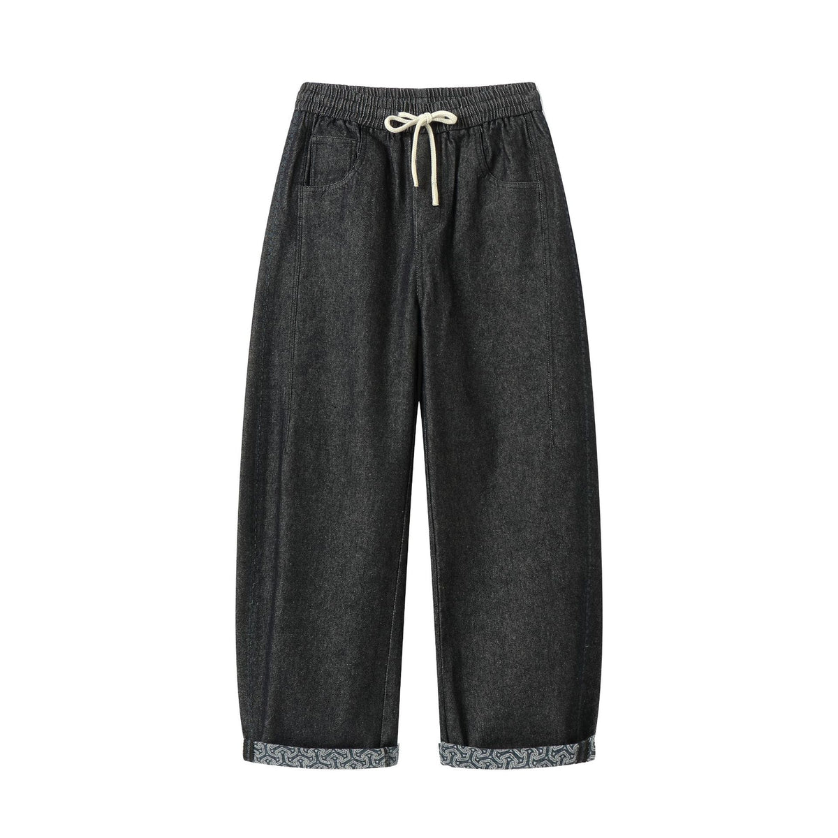Women's culotte jeans with elastic drawstring waistband and patterned cuff