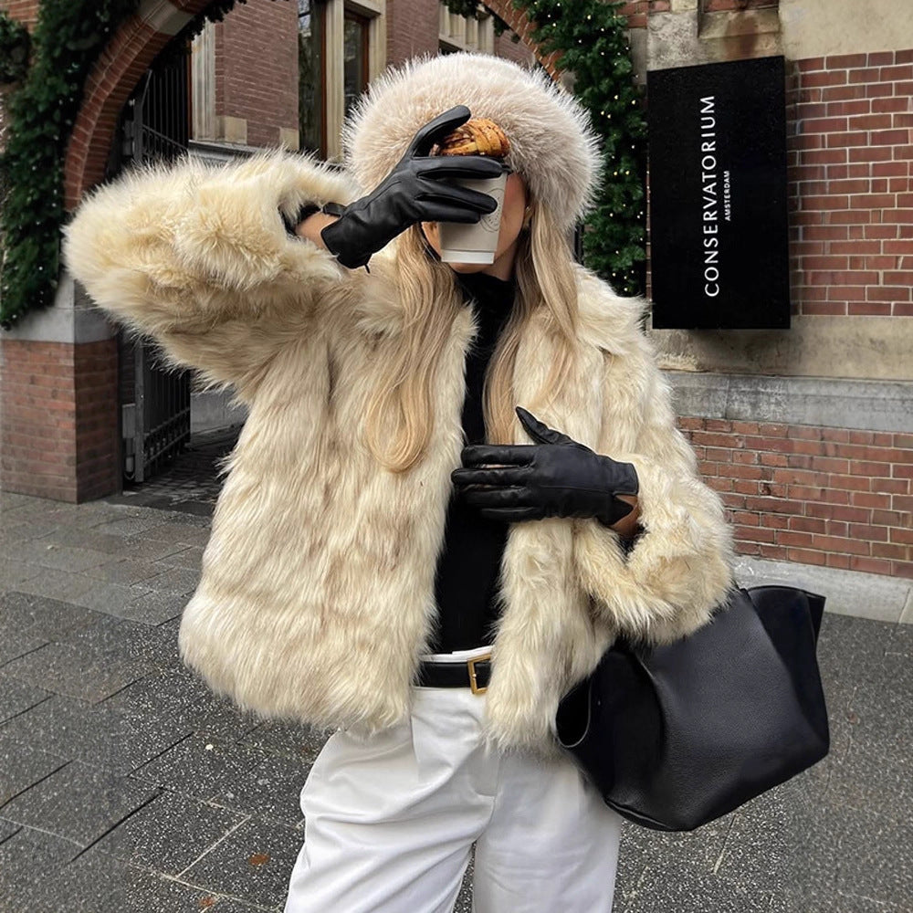 Women's Short Cut Boxy Faux Fur Coat with Long Pile Structure EVA-US