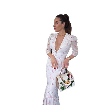 Women Floral Satin Midi Dress with Deep V-Neck, Puff Sleeves and Tapered Gather EVA-US