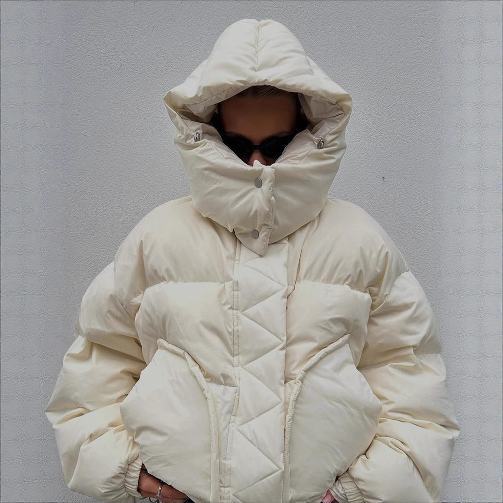 Women Oversized Padded Puffer Jacket with extra high Stand-Up Collar, double front zipper and boxy silhouette EVA-US