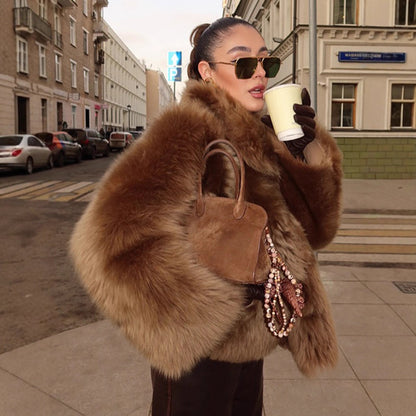 Women's short jacket in teddy style with voluminous shawl collar and soft faux fur texture EVA-US