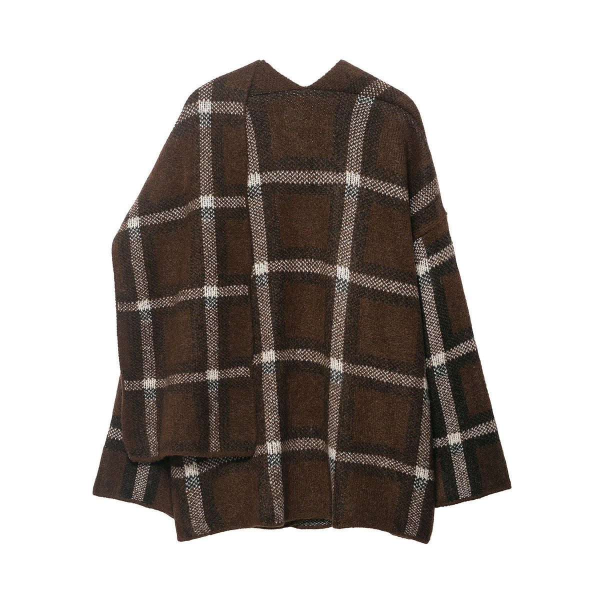 Women Oversized Cape Cardigan with Hood, Patch Pockets and Check Pattern EVA-US