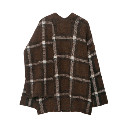 Women Oversized Cape Cardigan with Hood, Patch Pockets and Check Pattern EVA-US