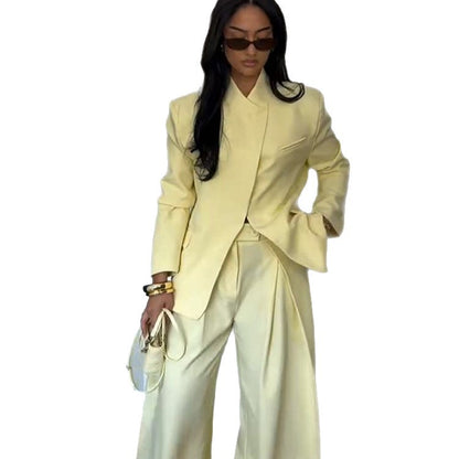 Women Two-Piece Oversized Blazer with Stand Collar and Wide Pleat Trousers EVA-US