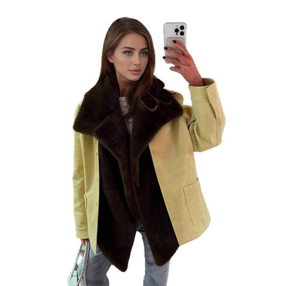 Women Elegant Oversize Coat made of Suede Look with Voluminous Faux Fur Shawl Collar EVA-US