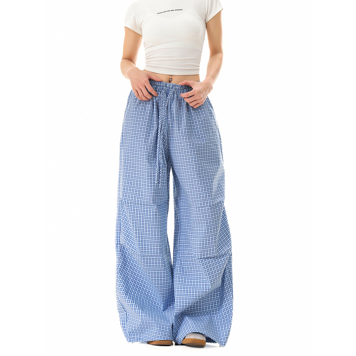 Women's loose cotton pants with elastic waistband, check pattern and adjustable hem drawstring EVA-US