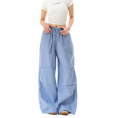 Women's loose cotton pants with elastic waistband, check pattern and adjustable hem drawstring EVA-US