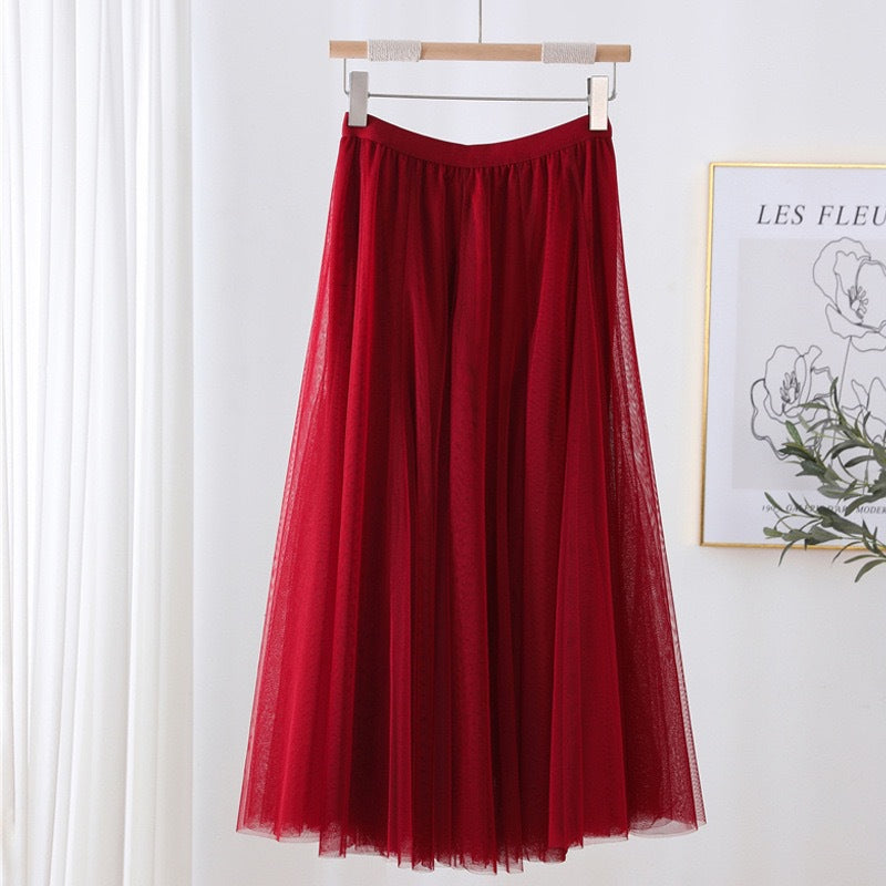 Women Tulle Skirt Layered Floor-Length A-Line Elastic Waistband