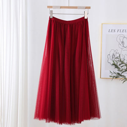 Women Tulle Skirt Layered Floor-Length A-Line Elastic Waistband