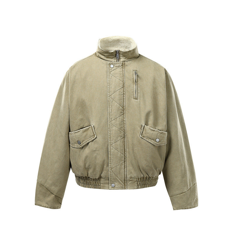Men's Short Boxy Utility Bomber Jacket made of Canvas with Quilted Front Yoke and Stand-Up Collar EVA-US