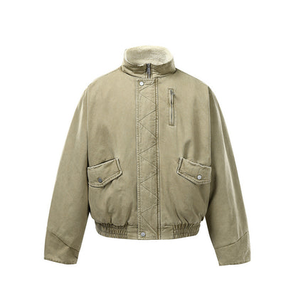 Men's Short Boxy Utility Bomber Jacket made of Canvas with Quilted Front Yoke and Stand-Up Collar EVA-US