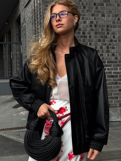 Ladies Boxy Faux Leather Blouson with Stand-up Collar and Gathered Cuffs EVA-US