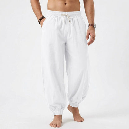 Men's relaxed harem pants made of linen blend with elastic drawstring waistband and gathered ankle cuffs EVA-US