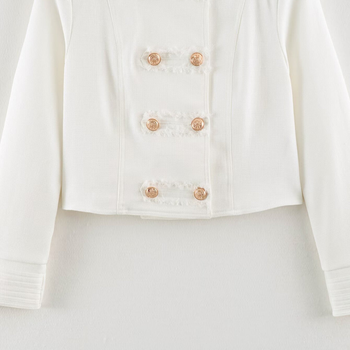 Ladies Short Cut Military Inspired Jacket with Stand-Up Collar and Decorative Button Placket EVA-US