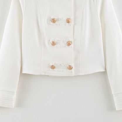 Ladies Short Cut Military Inspired Jacket with Stand-Up Collar and Decorative Button Placket EVA-US