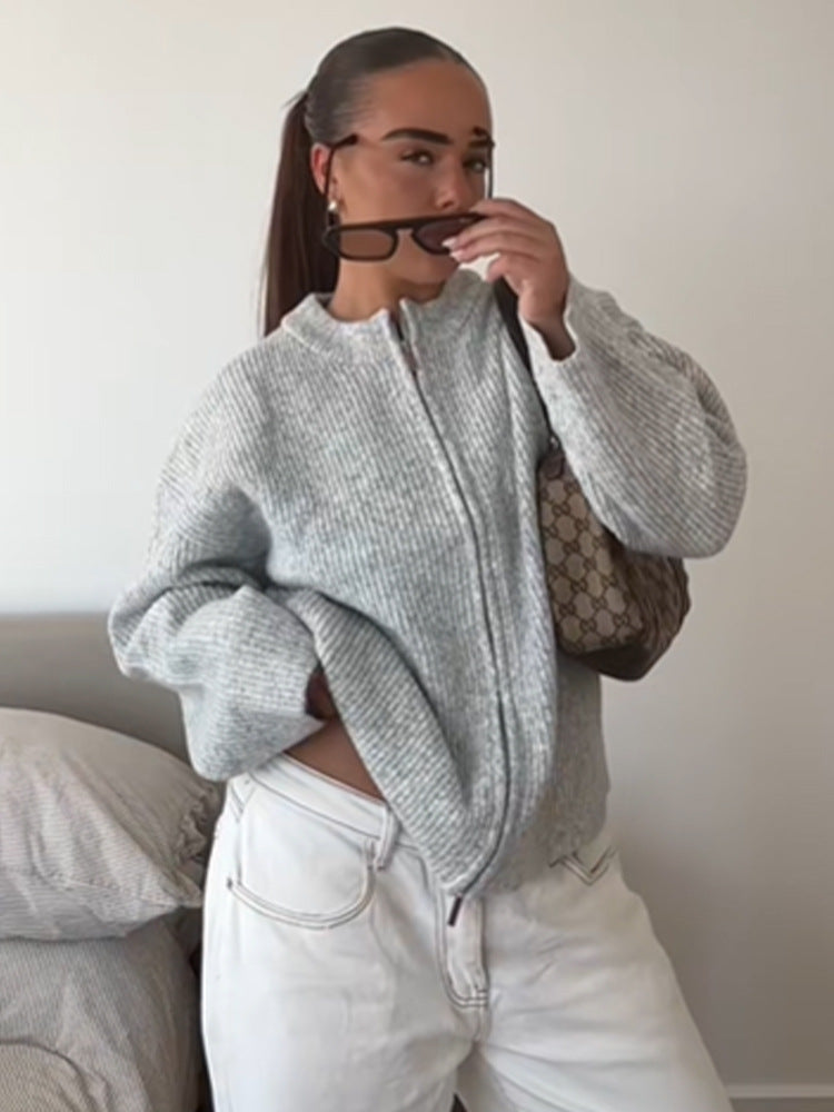 Women Chunky Knit Zipper Cardigan with Oversized Cut EVA-US