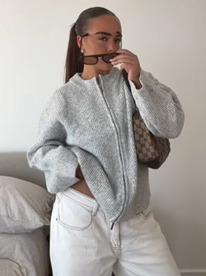Women Chunky Knit Zipper Cardigan with Oversized Cut EVA-US