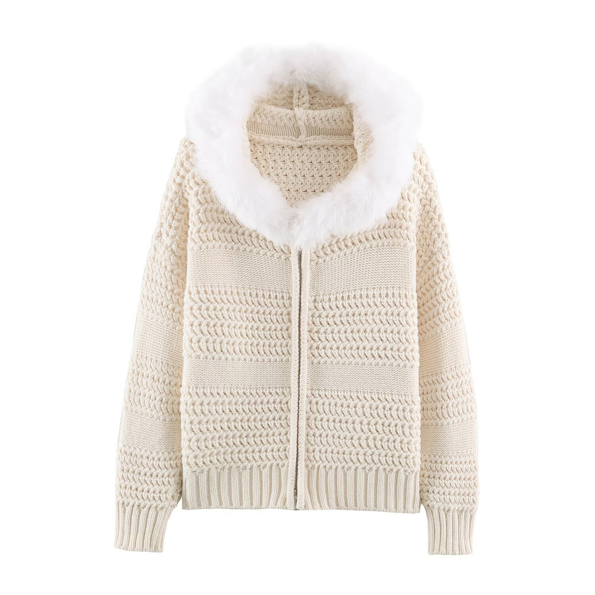 Women's chunky knit cardigan with zipper and faux fur hood EVA-US