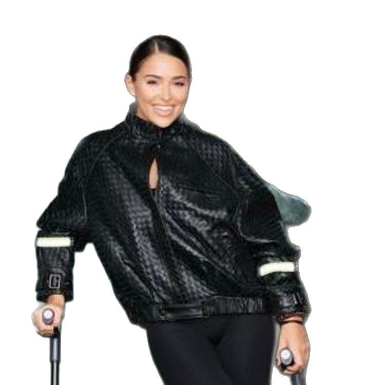 Women's Boxy Outdoor Bomber Jacket with High Collar and Reflective Cuffs EVA-US
