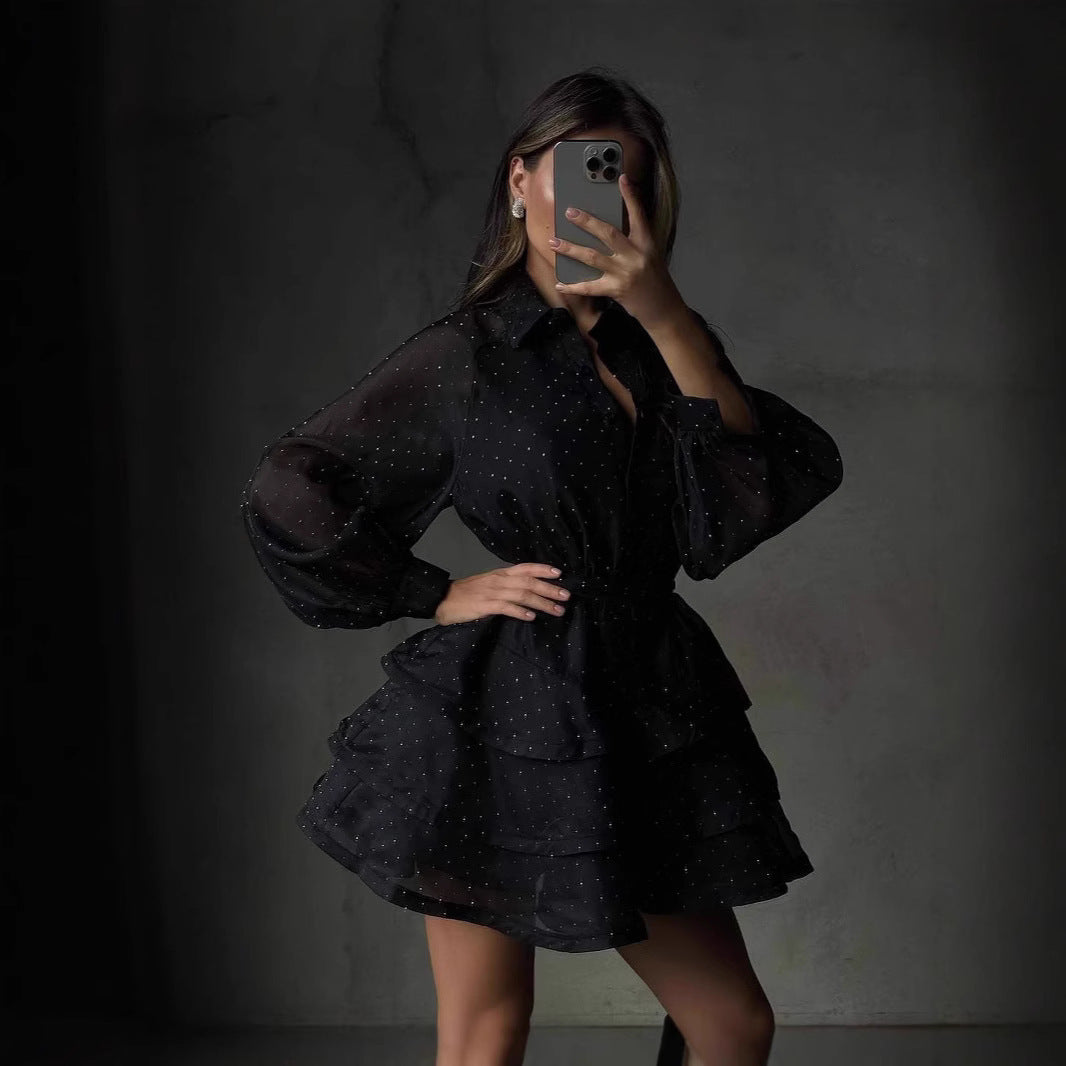 Women Transparent Ruffle Mini Dress with Shirt Collar, Balloon Sleeves and Waist Belt EVA-US