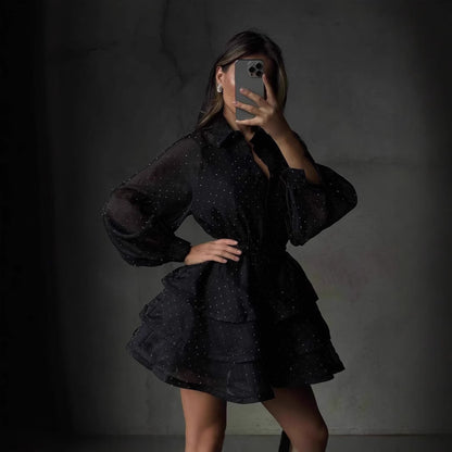 Women Transparent Ruffle Mini Dress with Shirt Collar, Balloon Sleeves and Waist Belt EVA-US
