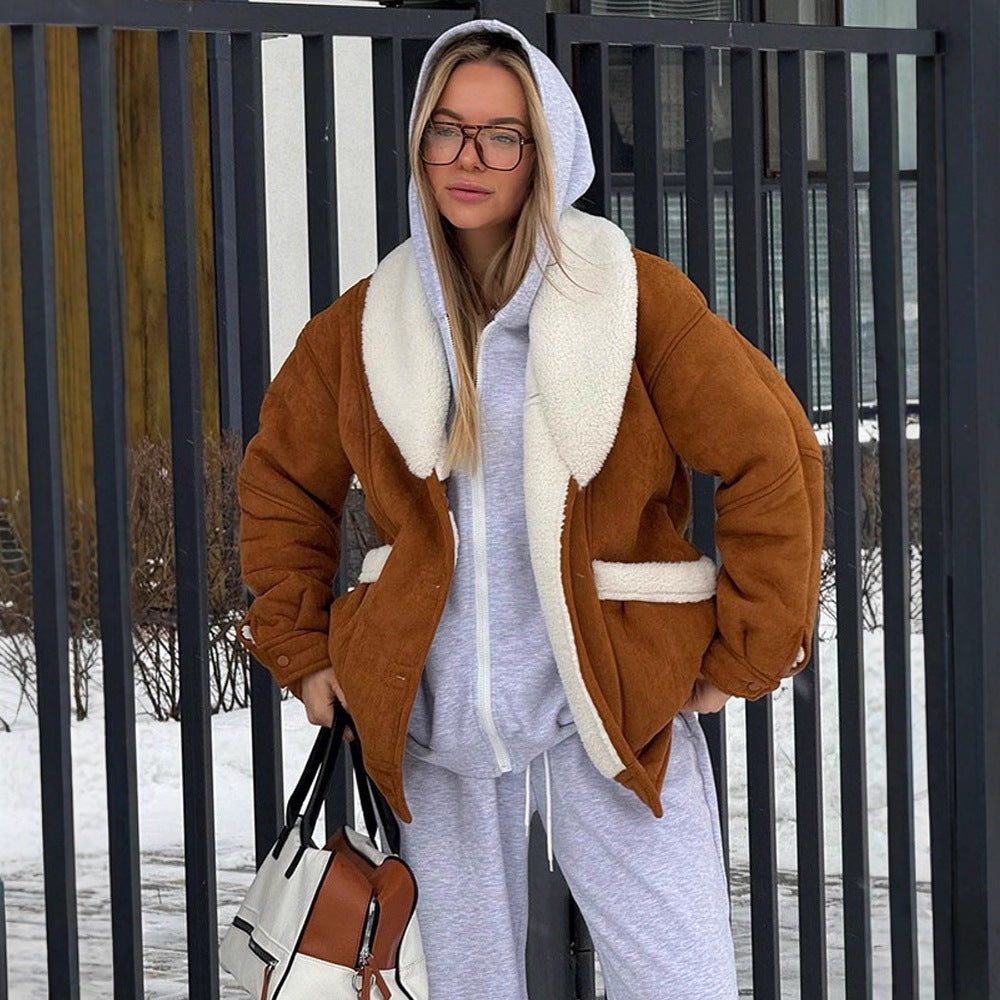 Women's Oversized Faux Shearling Jacket with Large Shawl Collar EVA-US