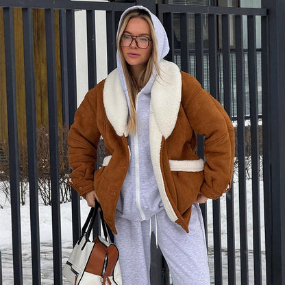 Women's Oversized Faux Shearling Jacket with Large Shawl Collar EVA-US