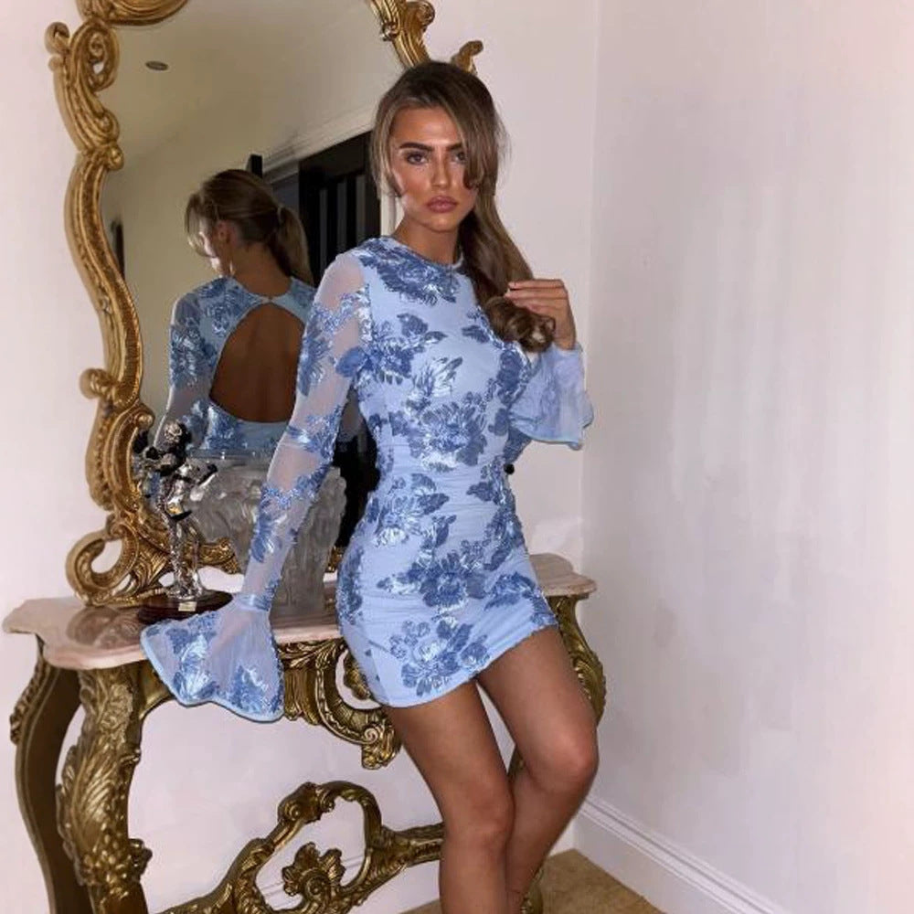 Women's Tight Mini Dress with Floral Lace Appliqué, Transparent Sleeves and Ruffle Cuffs EVA-US