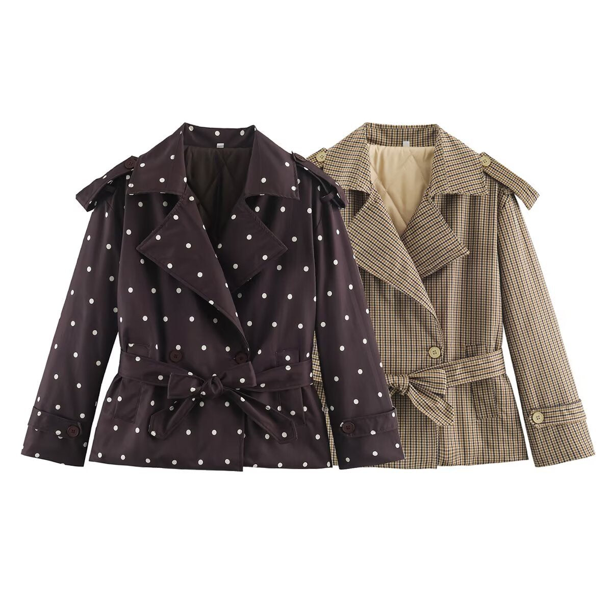 Women's short trench coat in checkered pattern with waist belt, shoulder straps and quilted inner lining EVA-US