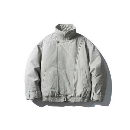 Men's Volume Stand Collar Bomber with Asymmetric Front Flap and Waist Buckle EVA-US