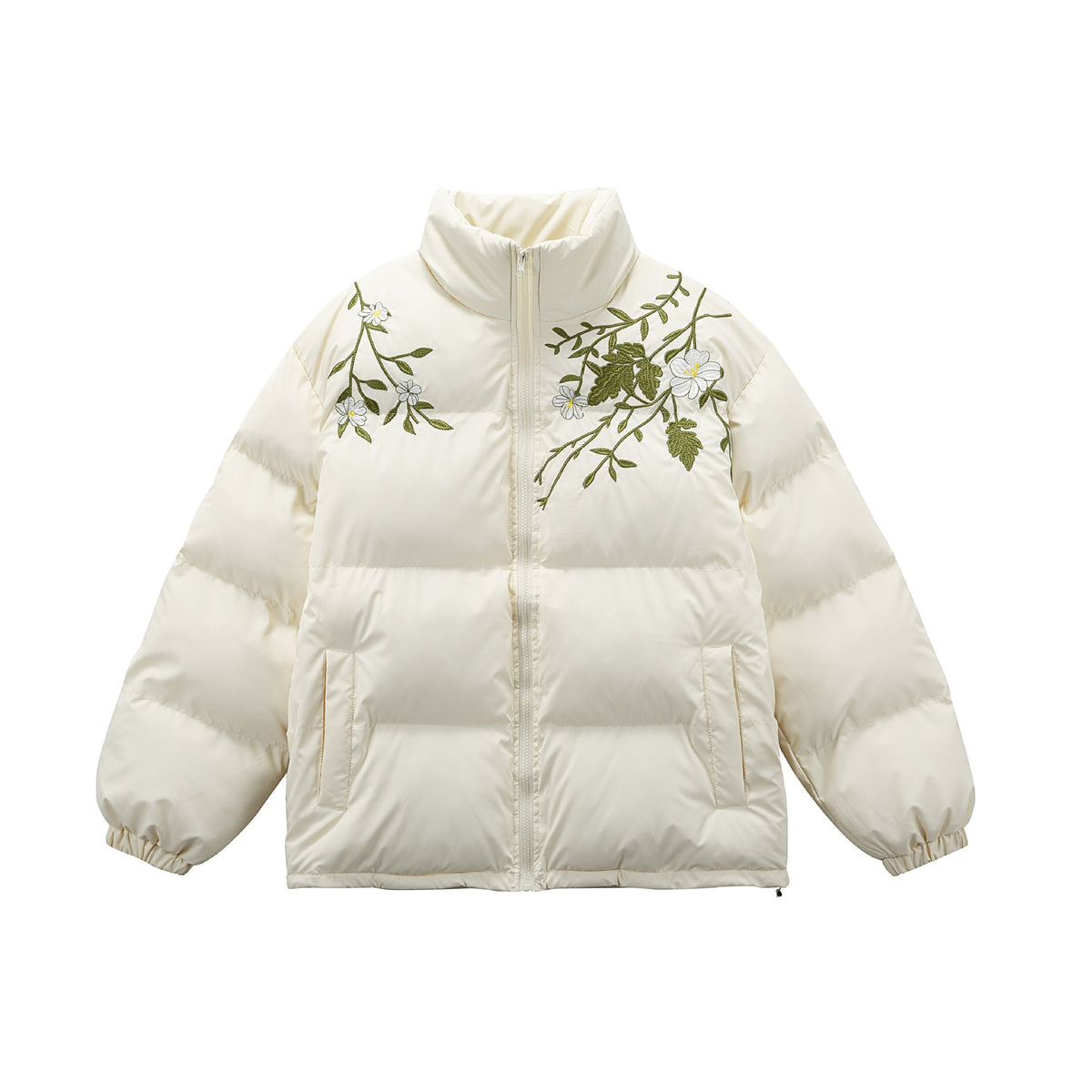Women's Padded Oversized Quilted Jacket with Stand-up Collar and Floral Embroidery EVA-US