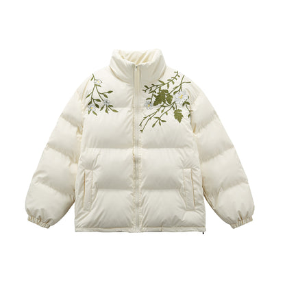 Women's Padded Oversized Quilted Jacket with Stand-up Collar and Floral Embroidery EVA-US