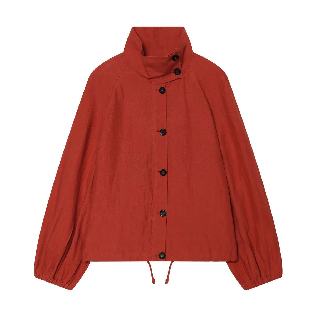 Ladies short jacket with high stand-up collar, continuous button placket and drawstring EVA-US