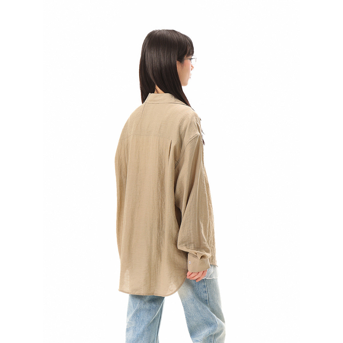 Women's loose-fitting oversized shirt blouse with chest pocket and textured cotton blend EVA-US