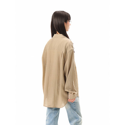 Women's loose-fitting oversized shirt blouse with chest pocket and textured cotton blend EVA-US