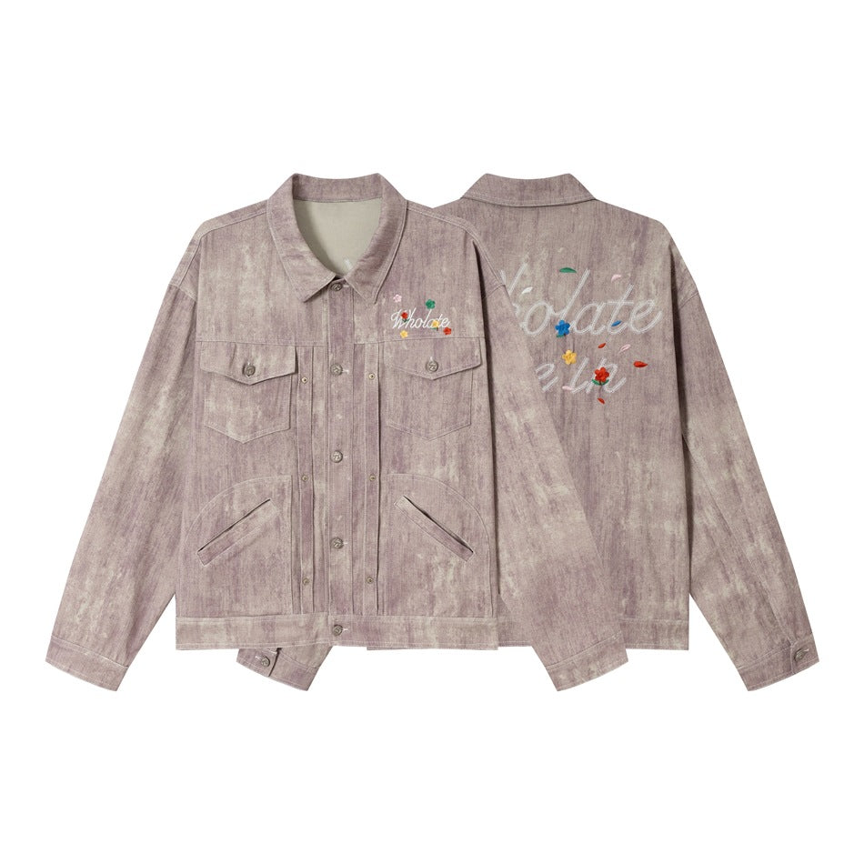 Unisex Boxy Denim Jacket with Acid Wash Effect, Flap Pockets and Floral Chest Embroidery EVA-US