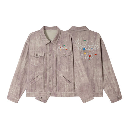 Unisex Boxy Denim Jacket with Acid Wash Effect, Flap Pockets and Floral Chest Embroidery EVA-US
