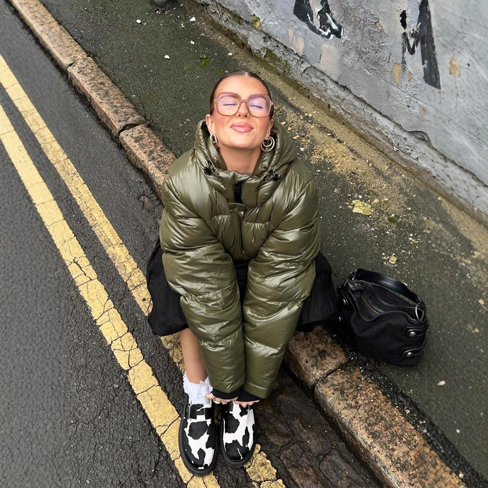 Women's Short Shiny Padded Jacket with Hood and Boxy Silhouette EVA-US
